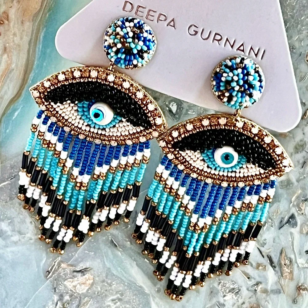NWT Deepa Gurnani Beaded Fringe Chandeliers - Picture 3 of 16